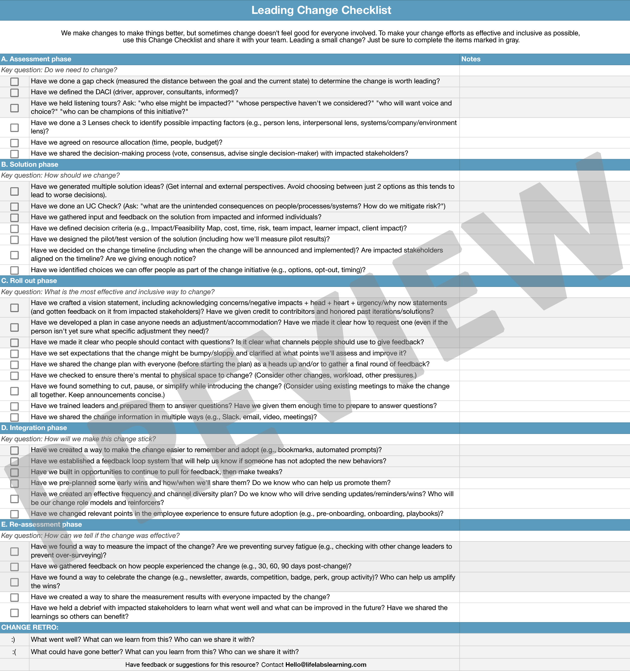 Change Checklist The Leader Lab Book   Change Checklist 